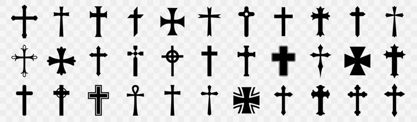 Big set of black religious cross icon - obrazy, fototapety, plakaty