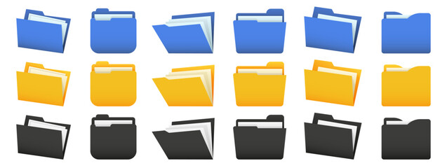Set of blue, yellow, black file folder. Office folder collection
