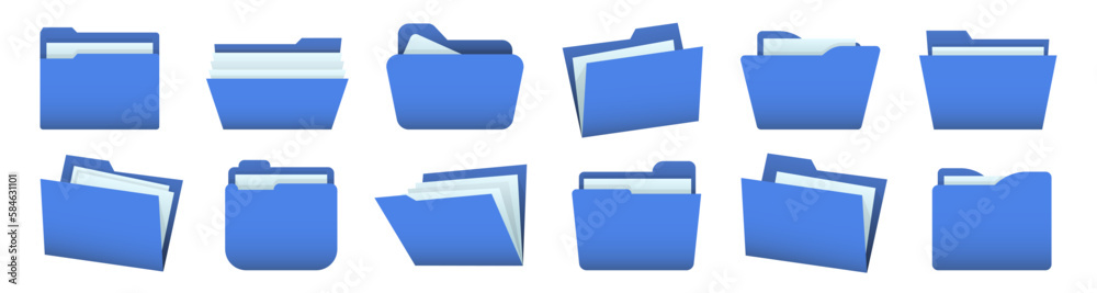 Poster Set of blue file folder. Office folder collection
