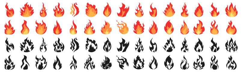 Set of fire flame in different style in a flat design