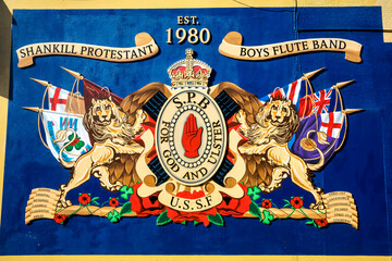 Belfast, northern Ireland. Protestant flute band wall art on Shankill road. Ulster, U.K.
