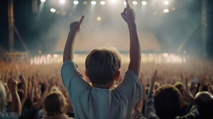 Fototapeta na wymiar Young boy raises hands in excitement at concert - Generative ai
