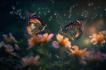 Fototapeta na wymiar Generative AI illustration of pair of butterflies sitting on flowers under rain and bubbles in summer