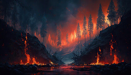 Forest on fire by magma from volcano eruption. Smoke rises in night sky. Generative AI