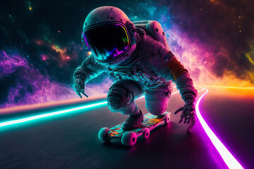 Obraz na płótnie Canvas Generative AI illustration of unrecognizable skateboarder in space suit riding on black road with glowing neon lines against vibrant cosmos