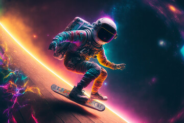 Obraz na płótnie Canvas Amazing AI generated illustration of side view of spaceman riding skateboard on glowing edge of planet in vivid cosmos