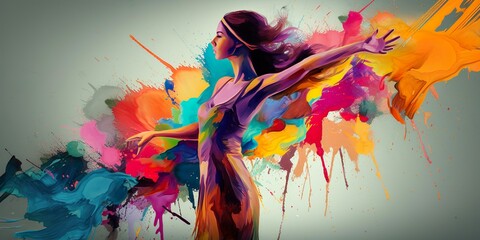 Farbenfrohe Illustration: Eine tanzende Frau als Ausdruck von Freiheit, Leidenschaft und Selbstausdruck (Generative AI)