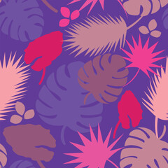 Vector seamless colorful silhouette tropical pattern in exotic forest. Multicolor leaves stylish background, bright violet print