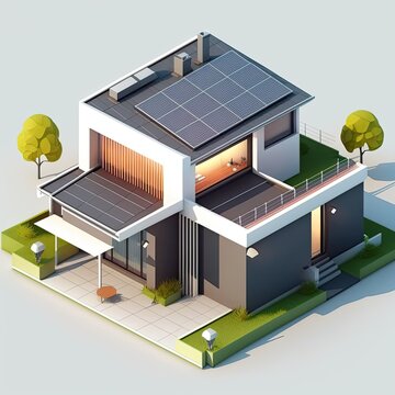 Single family house with solar panels on the roof. Sustainability concept. Generative AI