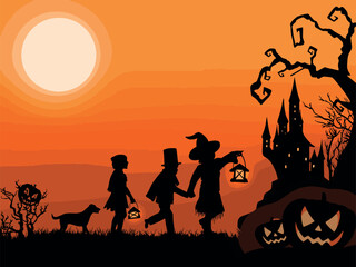 Fototapeta na wymiar Silhouettes on horizont with halloween theme