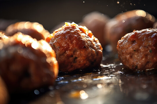 Meatballs sizzle in a pan, releasing a fragrant aroma. A close-up food picture for catering, recipe, and menu.