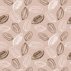 Seamless pattern with cocoa fruits and cocoa plant on a beige background. A lot of cocoa, repeating background, ornament. Hand-drawn. 