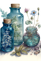 blue glass jars with flowers Generative AI