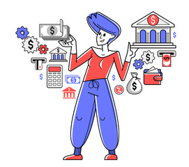 Banking vector outline illustration, manager working with finances or customer manages her account with deposit or credit, personal savings.