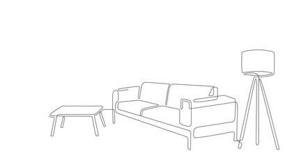 Continuous line interior with sofa, table and lamp. One line drawing of Living room with modern furniture. Single line furniture. Hand draw contour. Bulb, modern table. Editable stroke. Doodle vector