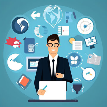 An illustration of a business man in a suit with an infographic of business-related icons in the background, conveying expertise and knowledge.