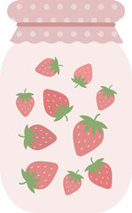 Transparent glass jar with strawberries in flat