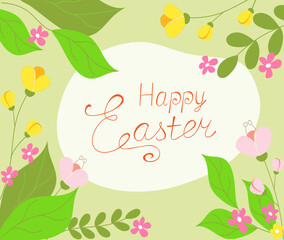 Happy Easter. Easter background with hand drawn flower and leaves, great, banners, wallpapers, wrapping. Springtime concepts