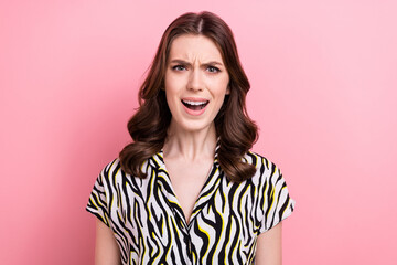 Portrait of furious unsatisfied girl shout scream communicate loud voice isolated on pink color background - obrazy, fototapety, plakaty