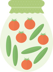 Transparent jar with pickled tomatoes and cucumbers in flat