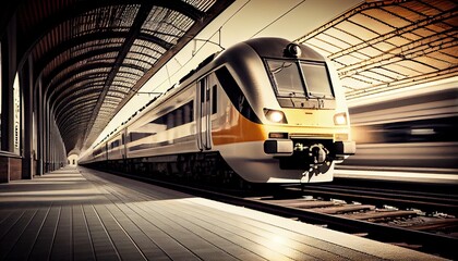 Beautiful railway station with modern silver commuter train passing by with motion blur