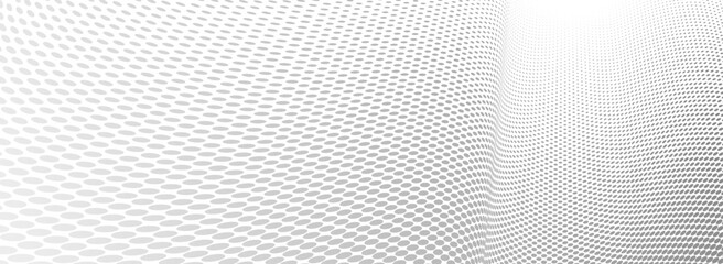 Grey dots in 3D perspective vector abstract background, dotted pattern cool design, wave stream of science technology or business blank template for ads.