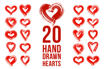 Hand drawn hearts vector logos or icons set, brush stroke painted hearts symbols collection, sketch doodle graphic design elements.