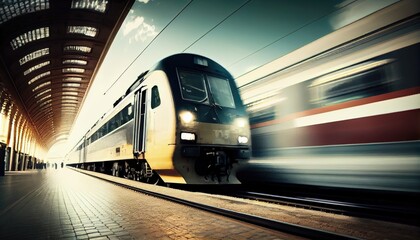 Obraz premium Beautiful railway station with modern silver commuter train passing by with motion blur