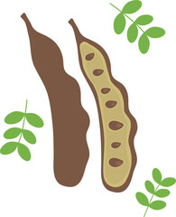 Ripe carob pods and seeds and twigs with green leaves flat icon - 584641776
