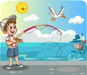 kids fishing in the sea cartoon vector