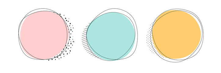 Set of trendy colorful blobs set. Pink, yellow, blue and green hatched liquid dynamic shapes, stripes, circles and dots. Transparent background