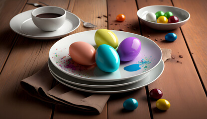 Obraz na płótnie Canvas Easter eggs on a light plate on a wooden background. Generative AI