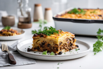Assiette présentant une part de Moussaka, spécialité culinaire de Grèce, gratin d'aubergine, viande et béchamel avec fromage gratiné au four