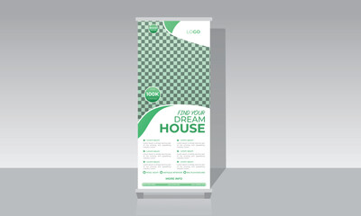 Real Estate Construction Roll up Banner Stand Template Design, Modern Home Building Exhibition Banner Design Template