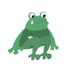 Cute little frog sits and cries. Isolated funny character on white background. Vector illustration for design.
