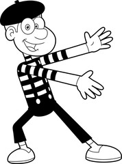 Outlined Happy Male Mime Cartoon Character Performing. Vector Hand Drawn Illustration Isolated On Transparent Background
