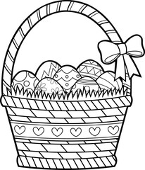 Outlined Cartoon Easter Basket With Eggs. Vector Hand Drawn Illustration Isolated On Transparent Background