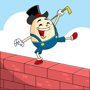Humpty Dumpty Egg Cartoon Character Walk The Wall. Vector Hand Drawn Illustration With Background