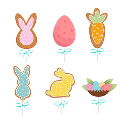 Easter gingerbread cookies rabbits, eggs, carrot. Easter decoration. Flat vector illustration