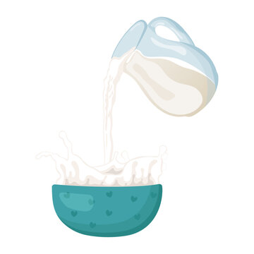 Milk is poured from a glass decanter into a bowl.
