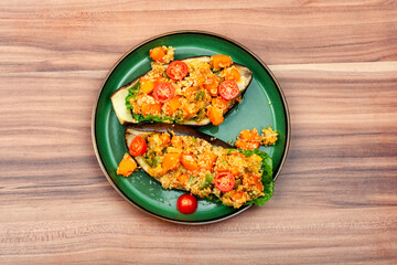 Yummy vegetarian food, stuffed eggplant