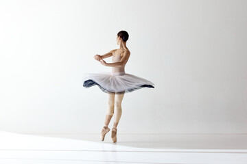 Graceful movements of one beautiful ballerina dancing isolated over white background. Female dancer...