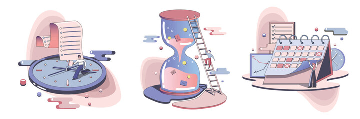 Planning and time management color 2d vector graphic. Man running on dial, guy climbing on sand clock abstract idea. Woman with giant calendar scheduling and productivity flat art set