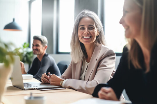 The happy businesswoman with gray hair is speaking at a meeting, generative AI