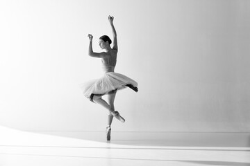 Monochrome. Ballerina wearing tutu poses in motion showing ballet elements while standing on pointe shoes over white backgrounds © Lustre Art Group 