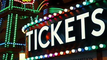 Tickets sign lights up the night at the amusement park entrance. A symbol of entertainment and recreation, bright and colorful sign of entertainment, it invites visitors to join the fun.