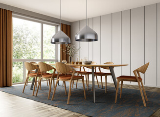 Interior of modern dining room, dining table and wooden chairs. Home design. 3d rendering