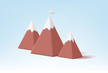 Modern 3D image of mountains with snow on top and a flag. A sign and symbol of travel, business, achievement, motivation, victory. Vector illustration on a light blue background.