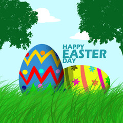 Two Easter eggs with colorful decorations on grass with trees at daytime and bold text to celebrate Easter day