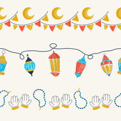 Ramadan Kareem and Eid Decorations Vector Seamless Horizontal Borders Set